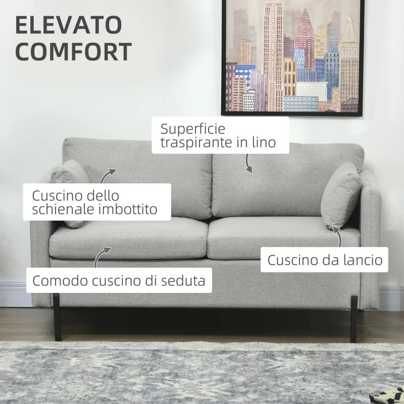 Divano 2 Posti per Soggiorno in Tessuto Effetto Lino e Acciaio con Tasche Laterali, 143x73x77cm, Grigio TY2839-727V00LGFR2