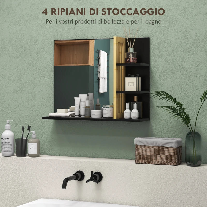 Specchiera Bagno Moderna da Parete a 4 Ripiani in Legno, 45x15x58.5cm, Nero KL6834-673V00BKKL6