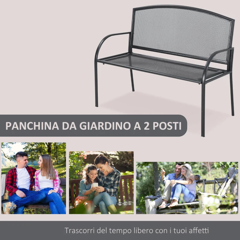 Panchina da Giardino 2 Posti in Acciaio con Braccioli, 110.5x53.5x89cm, Grigio 84B-825