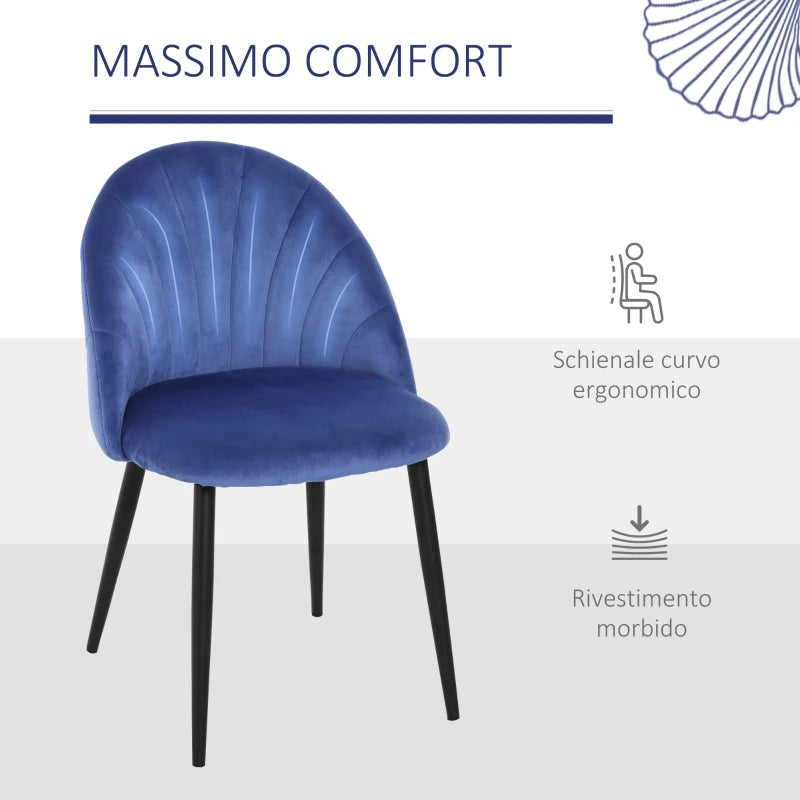 Set 2 Sedie Sala da Pranzo e Soggiorno Imbottite, Design Nordico ed Ergonomico in Metallo e Velluto Blu, 52x54x79 cm YH2835-253BUYH2