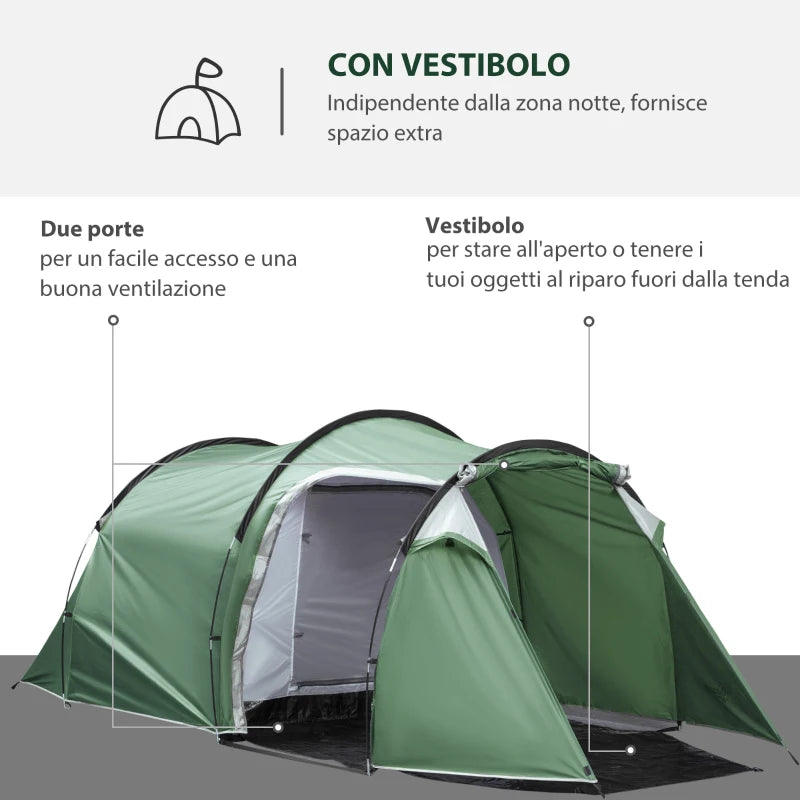 Tenda da Campeggio 2-4 Posti con Telo Impermeabile e Porte con Cerniera, 426x206x15 cm, Verde Scuro EN5A20-173EN5