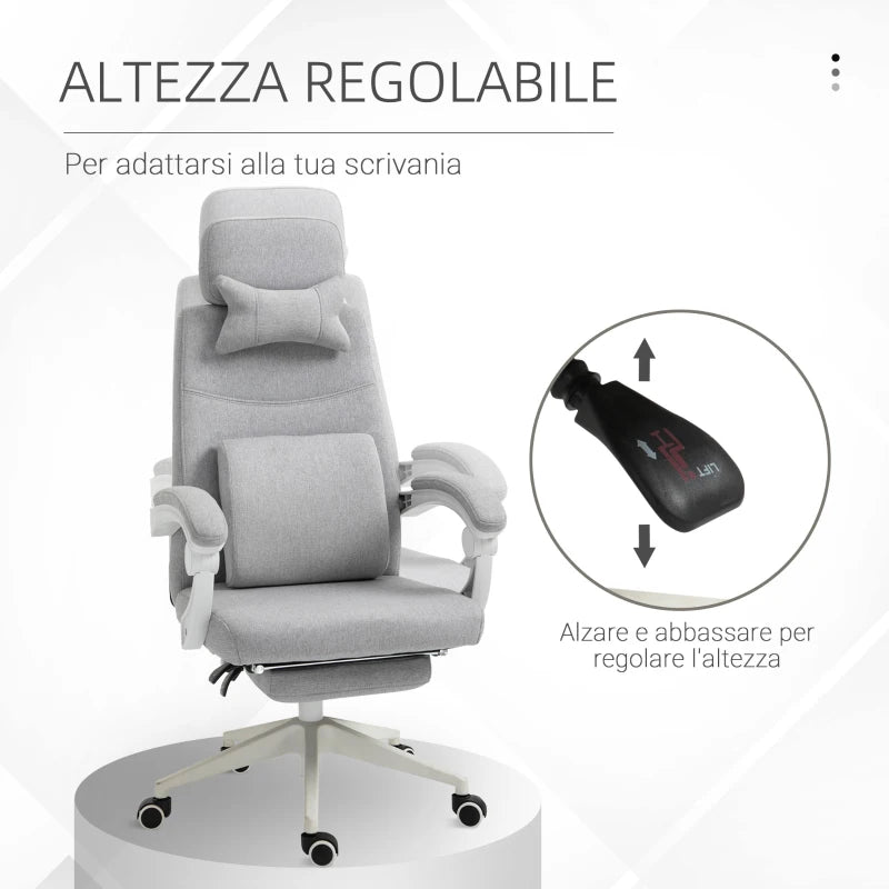 Sedia da Ufficio Ergonomica, Sedia da Scrivania con Rotelle, Cuscino Lombare, Poggiatesta e Poggiapiedi Estraibile, Grigia 62x68x117-127cm YH1921-253YH1