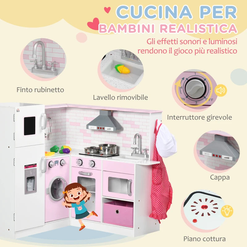 Cucina Giocattolo per Bambini 3-6 Anni con Luci e Utensili da Cucina Realistici, in MDF e PP, 84x93.5x85 cm GH8350-142V01WTGH8