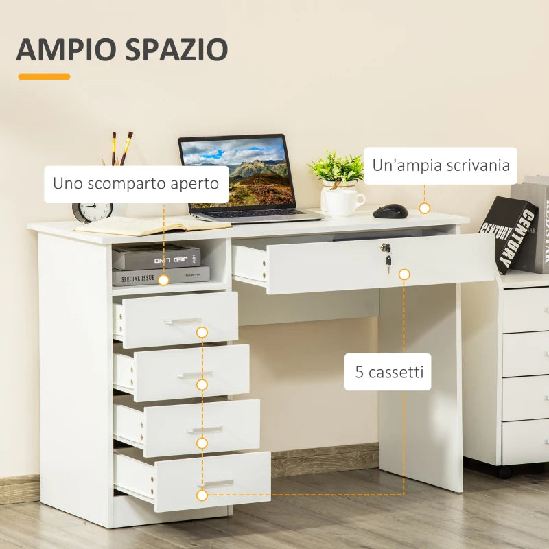 Scrivania per Camera o Ufficio in Legno con 2 Cassetti e 2 Chiavi, 110x50x76cm - Bianco ZD8836-465WTZD8