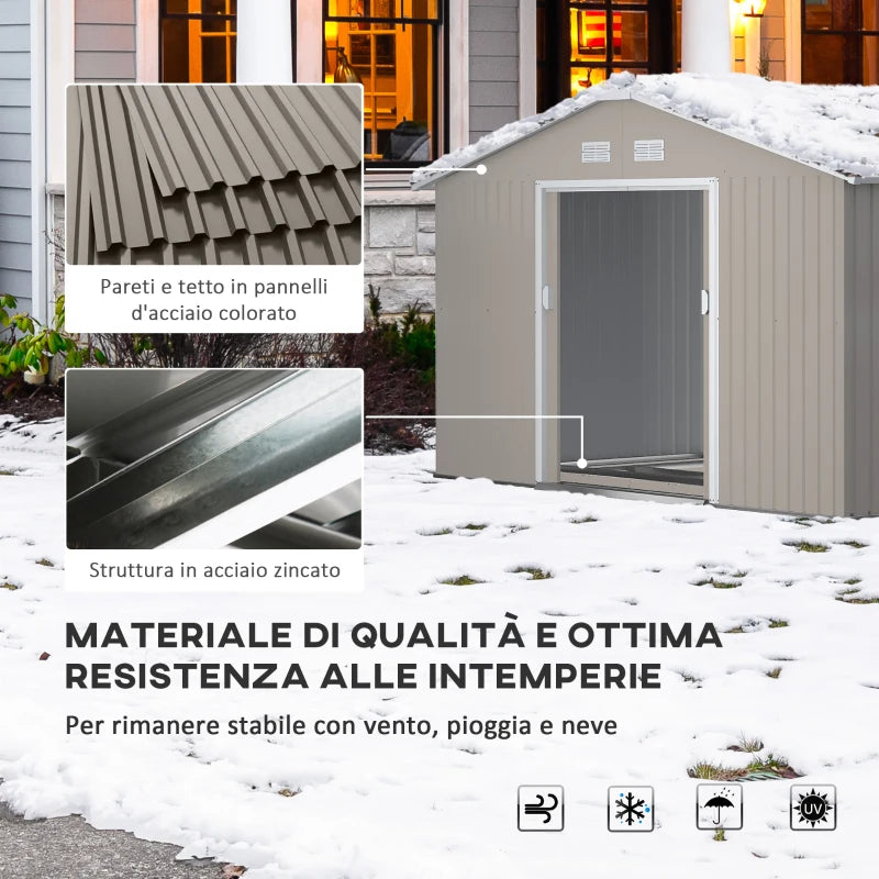 Casetta da Giardino con Porte Scorrevoli e Tetto Inclinato, in Acciaio, 340x386x200 cm, Grigio TH9845-031V01LGTH9