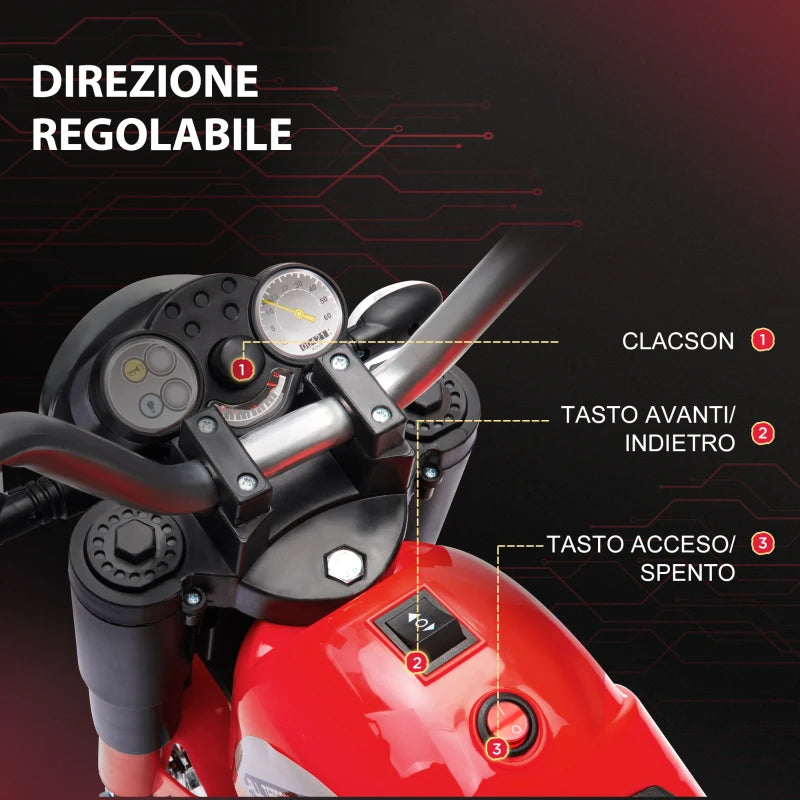 Moto Elettrica per Bambini a 3 Ruote con Luci e Suoni, Batteria Ricaricabile 6V, Velocità 2 km/h, per Bimbi da 18-36 Mesi, 72x57x56cm Rossa DP7370-188V90RDDP7