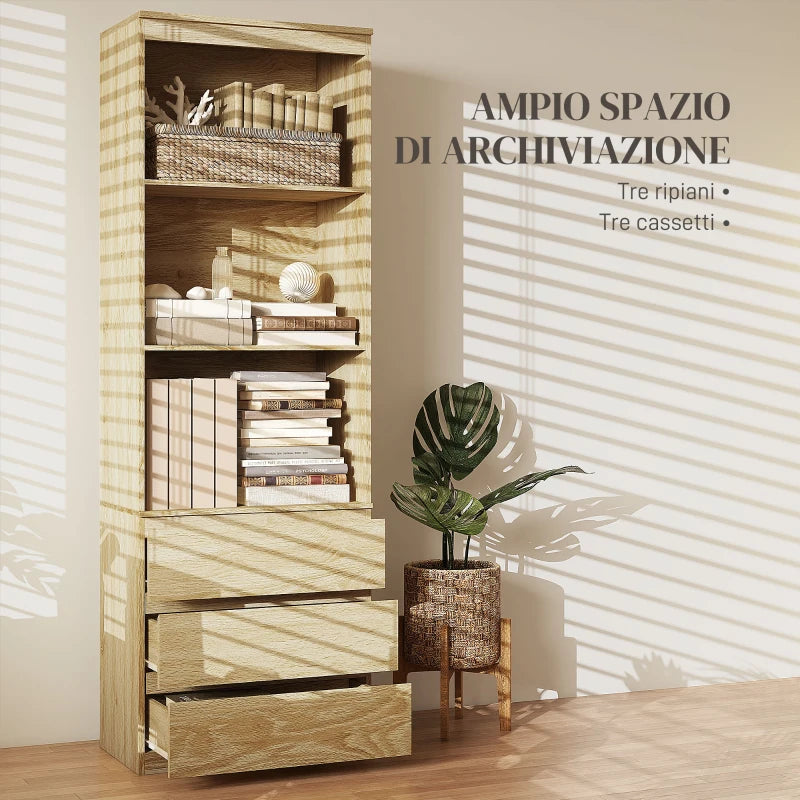 Mobile Libreria in Legno con 3 Ripiani e 3 Cassetti, 60x35x180 cm, color Rovere GF6836-564V00AKGF6