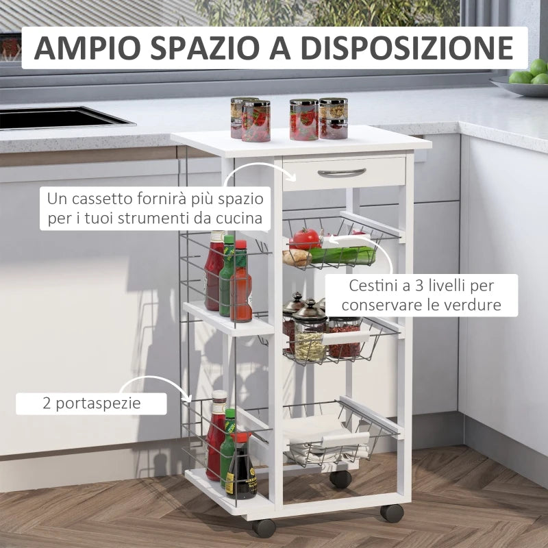 Carrello Isola da Cucina Salvaspazio in Legno di Pino, Carrello Portavivande con 4 Ruote Cassetto 3 Cesti Estraibili Portafrutta, Bianco VB5801-130WTVB5