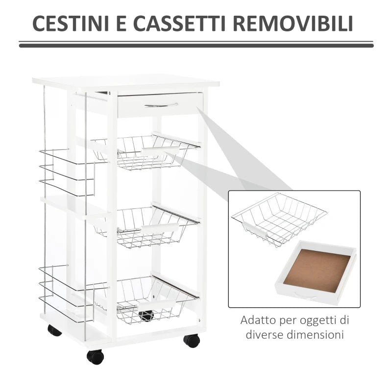 Carrello Isola da Cucina Salvaspazio in Legno di Pino, Carrello Portavivande con 4 Ruote Cassetto 3 Cesti Estraibili Portafrutta, Bianco VB5801-130WTVB5