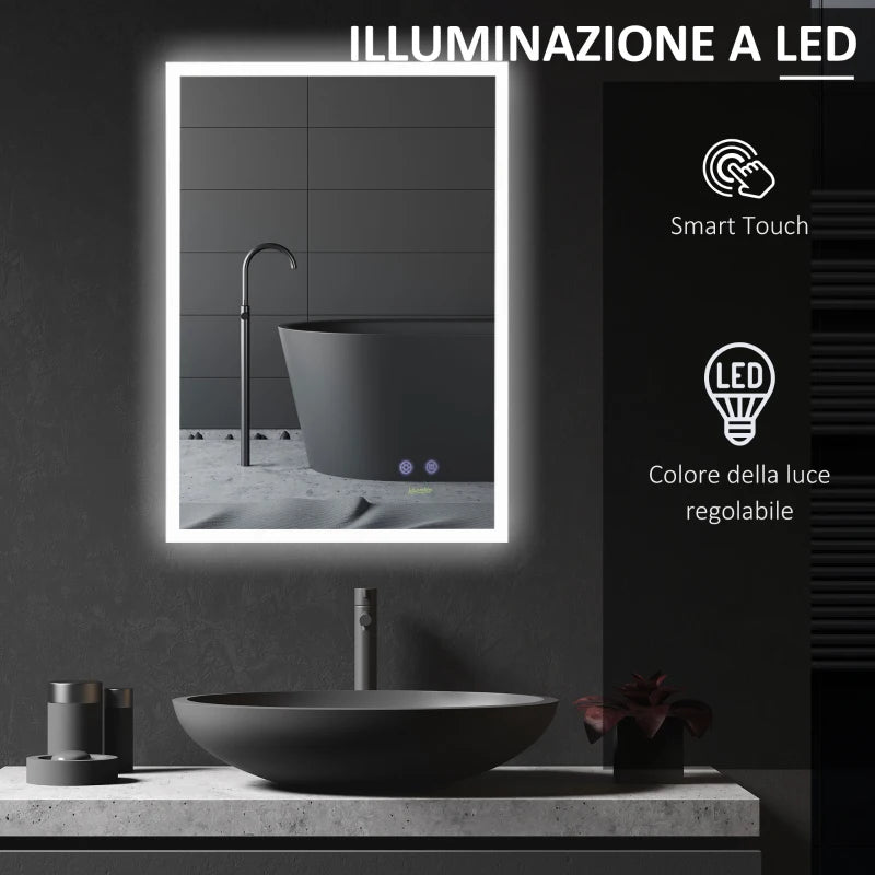 Specchio Bagno con Luce LED, Funzione Anti-Appannamento e Tasti Touch, 70x50cm, Argento RT4834-390V90RT4