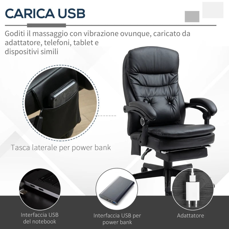 Sedia da Ufficio Massaggiante in Similpelle con Presa USB, 64x69x107-115cm, Nero CV5921-592BKCV5