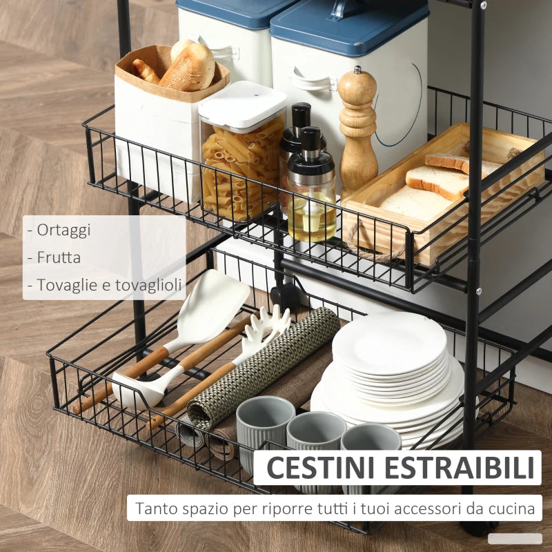 Carrello da Cucina Portavivande Stile Industriale con 4 Ruote, 2 Cestini e 4 Ganci, 60x38x85.5cm, Marrone Nero FT9801-225FT9