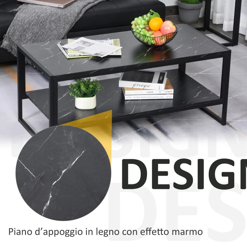 Tavolino da Caffè Nero Effetto Marmo con Ripiano Inferiore, per Soggiorno o Ufficio, 106x50x45cm FT2833-821BK