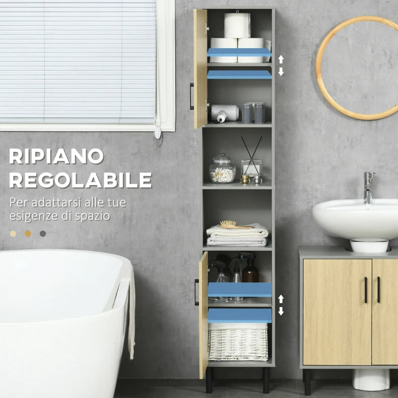 Colonna bagno Mobile Bagno con 2 Ripiani aperti in Truciolato e 2 Armadietti con Ripiani regolabili, 31.4x30x165cm PL1834-582V80GYPL1