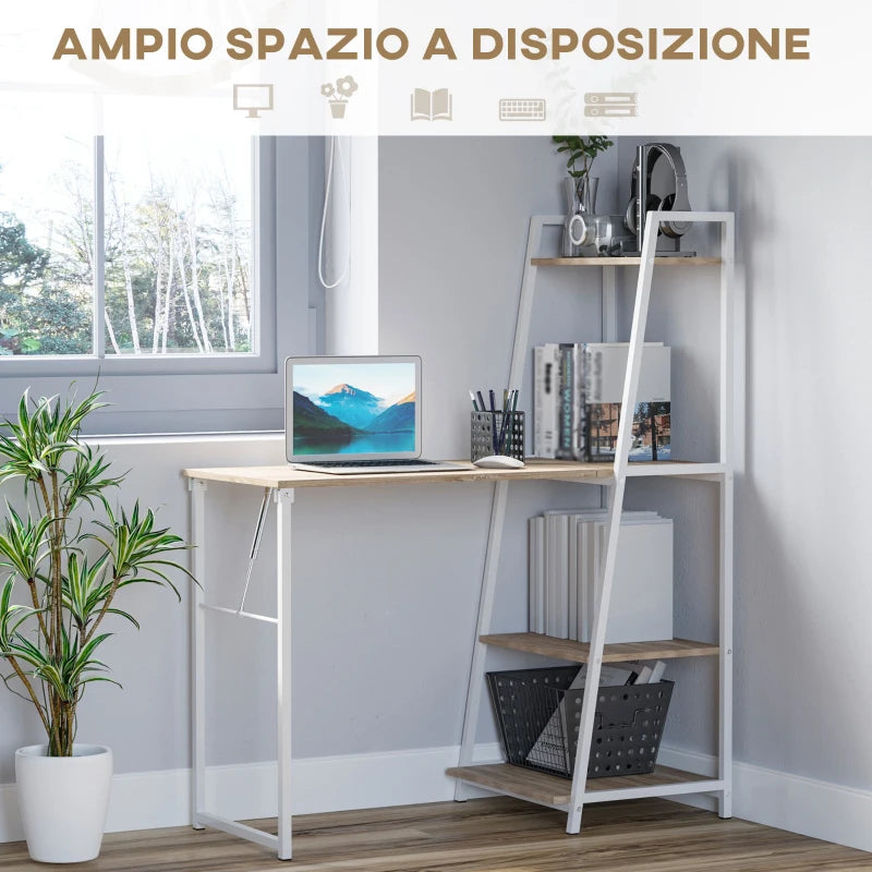 Scrivania Pieghevole con Libreria Salvaspazio in Metallo Bianco e Legno MDF Color Rovere, 106x48x128cm RT5836-247RT5