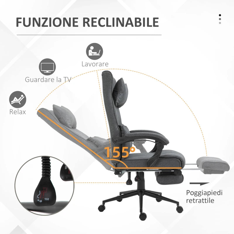 Sedia da Ufficio Ergonomica ad Altezza Regolabile con Braccioli e Poggiapiedi, 66x70x115-123 cm, Grigia WS3921-281WS3