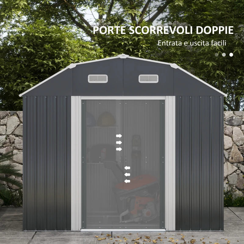 Capanno Porta Attrezzi con Ripiani Regolabili e 2 Finestre, in Acciaio Zincato, 238x132x198.5 cm, Grigio Scuro LK584H-114V00CGLK5