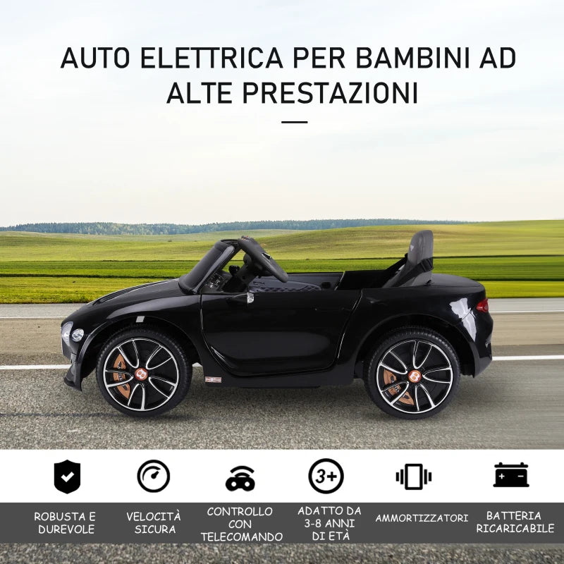 Macchina Elettrica per Bambini Bentley con 2 Portiere Guida Manuale e Telecomando, Fari e Suoni, 108x60x43cm, Nero SE7370-045BKSE7