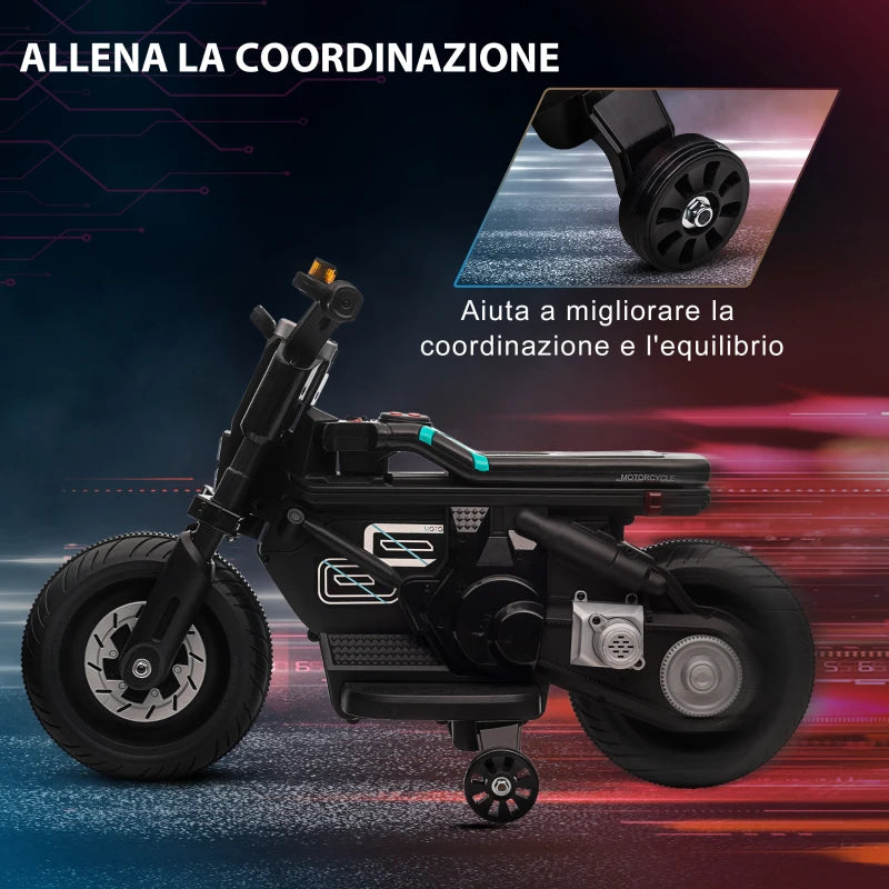 Moto Elettrica per Bambini 3-5 Anni in PP e Metallo con Rotelle, Clacson e Musica, 86x44x58 cm, Nera GP7370-253V90BKGP7