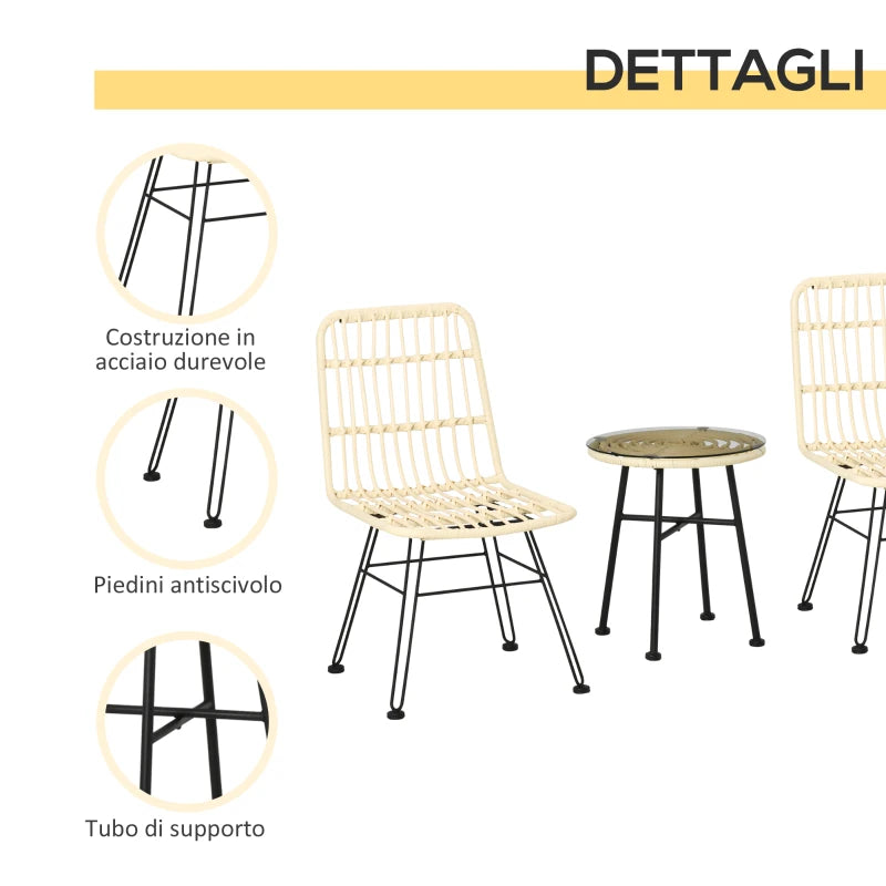 Set Mobili da Giardino 3 Pezzi con Tavolino e Sedie in Rattan PE, Poilestere e Acciaio per Esterni, Crema 863-087CW