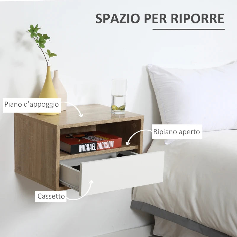 Set 2 Comodini Sospesi con Cassetto e Ripiano 45x35x27.5cm - Bianco e Color Legno WE9831-478WTWE9