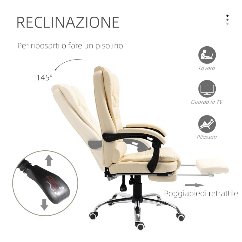 Poltrona Presidenziale in Similpelle Bianca con Schienale Reclinabile 145° e Poggiapiedi, 64.5x69x109-117 cm PS2921-083V01CWPS2