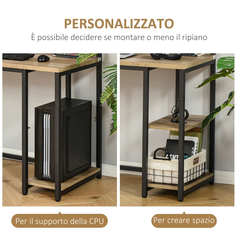 Scrivania Doppia con Scaffali e Mensola per Monitor in Stile Industriale, Scrivania con Libreria Salvaspazio per Ufficio e Studio in Metallo e MDF, 200x53x100cm, Nero Marrone ZX3836-374ZX3