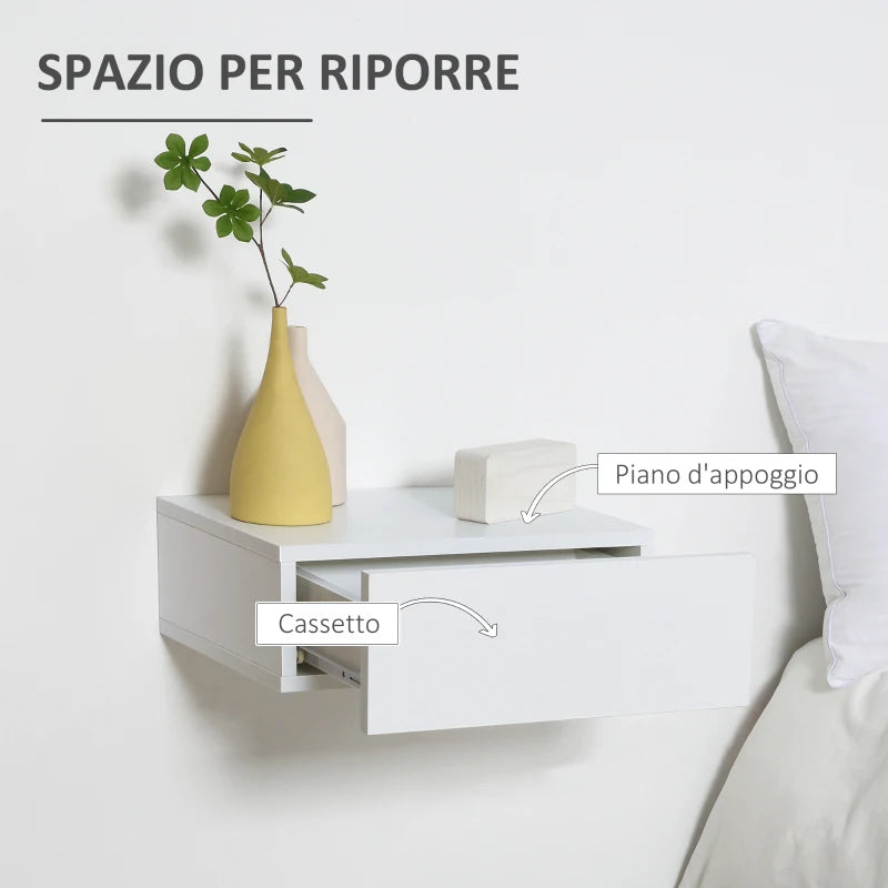 Set 2 Comodini Sospesi in Legno, Design Moderno, 40x30x15cm - Bianco LK6831-481WTLK6