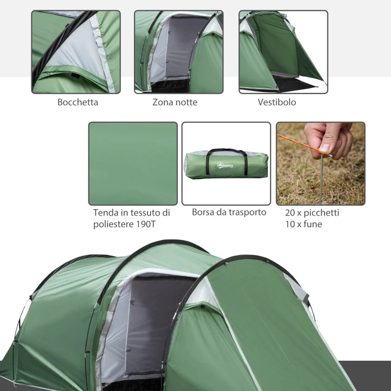 Tenda da Campeggio 2-4 Posti con Telo Impermeabile e Porte con Cerniera, 426x206x15 cm, Verde Scuro EN5A20-173EN5