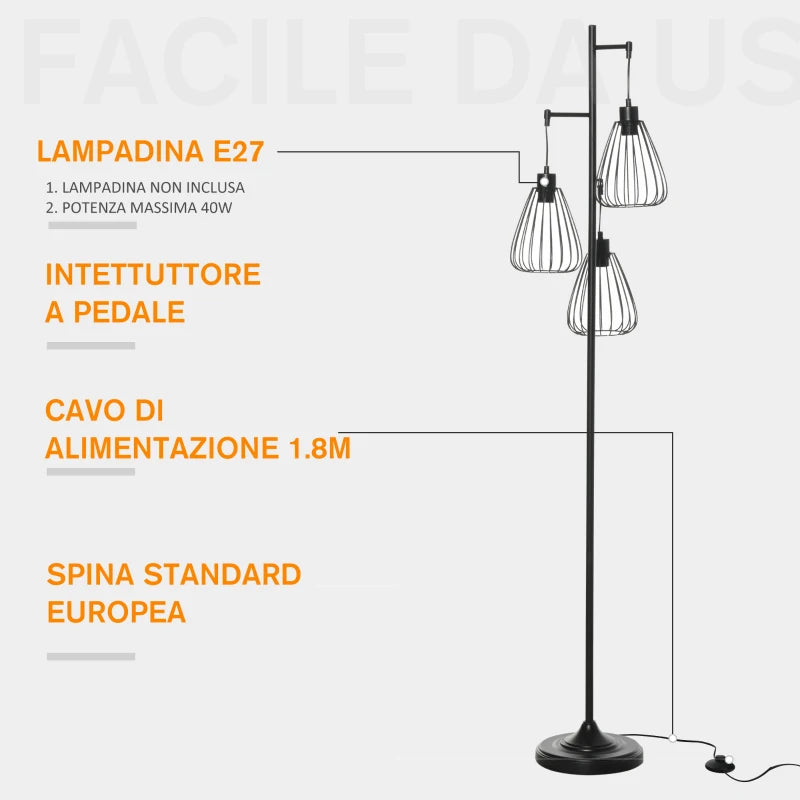 Lampada da Terra Vintage Industriale in Metallo Nero, Lampada a Piantana da Terra Moderna Ф35 x 170cm ER1B31-247ER1