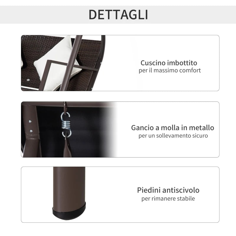 Dondolo da Giardino 3 Posti in Rattan PE e Metallo con Cuscini e Tetto Parasole, 198x124x179cm, Marrone 867-106BN