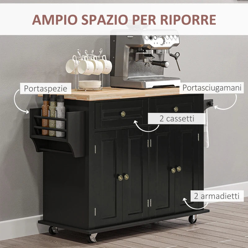 Carrello da Cucina Portavivande con Cassetti, Armadietti e Portaspezie, in Legno e MDF, 111x44.5x82.5 cm, Nero JH4801-161BKJH4