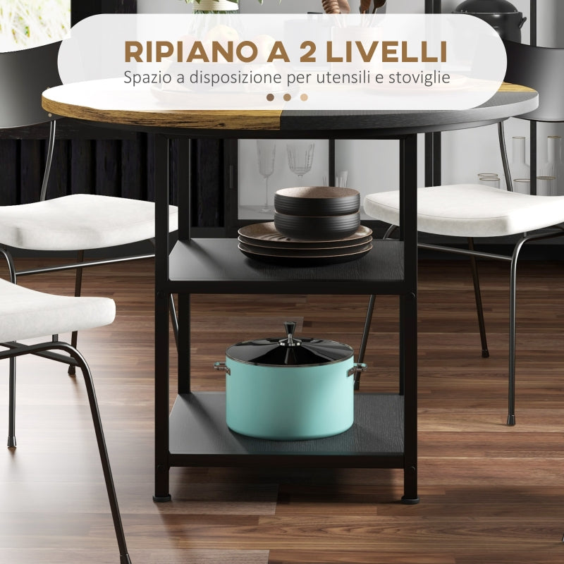 Tavolo da Pranzo per 4-6 Persone con 2 Ripiani Integrati, in Acciaio e MDF, Ø100x76 cm, Nero e Marrone QW883A-050V80BKQW8