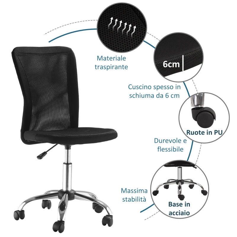 Sedia da Ufficio Ergonomica Senza Braccioli, Tessuto Traspirante a Rete, Altezza Regolabile e 5 Ruote, 43x58x90-100cm, Nero FG1921-226BKFG1