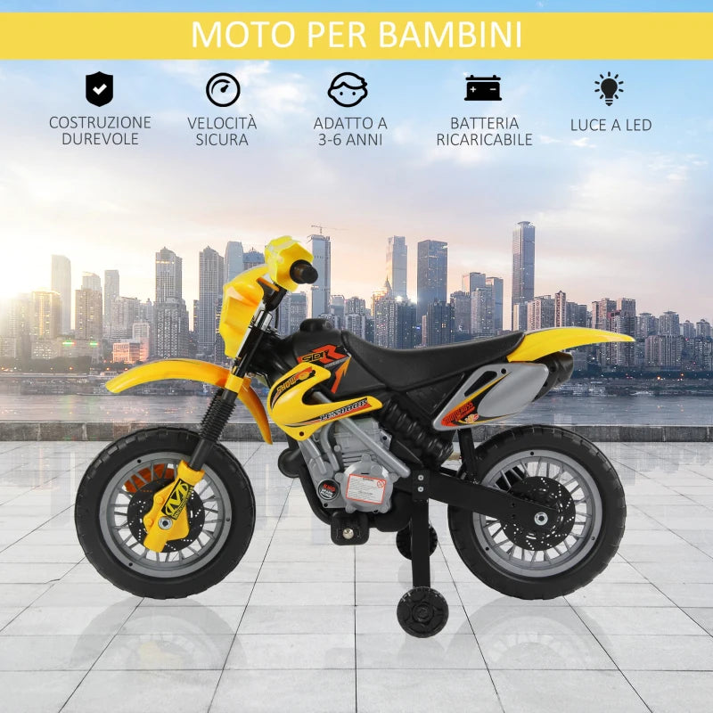 Moto Cross Elettrica con Rotelle Giallo per Bambini 3 anni e più, Batteria 6V Velocità 2.5km/h, 102 x 53 x 66cm WQ2301-043YLWQ2