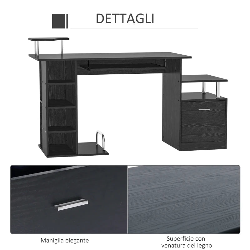 Scrivania per Computer Moderna con Cassetti, Ripiani e Tastiera Estraibile, Scrivania da Ufficio per Casa in Legno Nero 152x60x88cm ZB5920-013ZB5