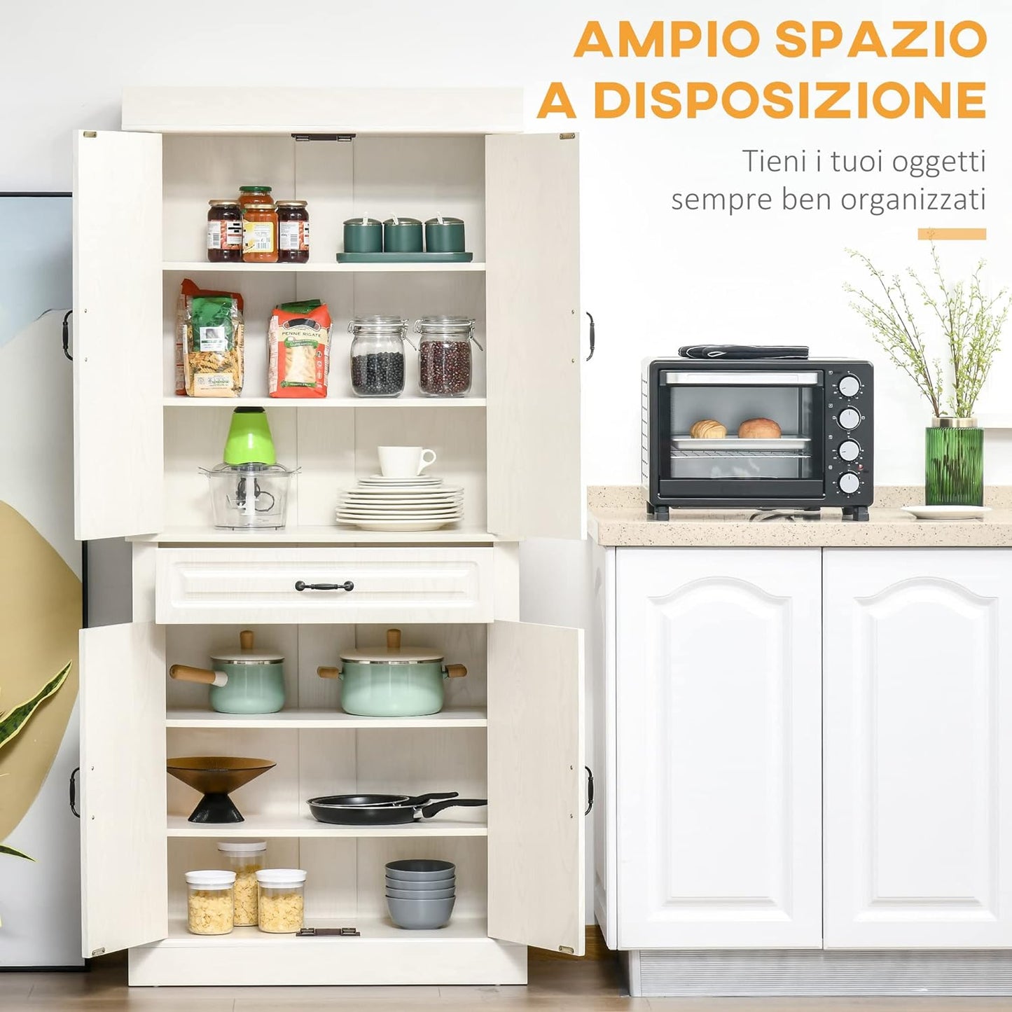 credenza alta soggiorno sala pranzo cucina dispensa armadio mobile bianco in legno con venature 80x35x180 6UK835-346V01D41