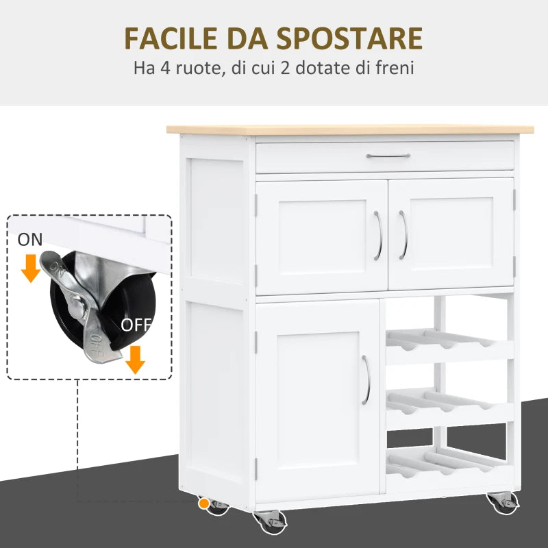 Carrello Portavivande, Carrellino per Cucina in Legno Bianco con Portabottiglie 1 Cassetto e 3 Antine, 67x37x87cm UT8801-179UT8