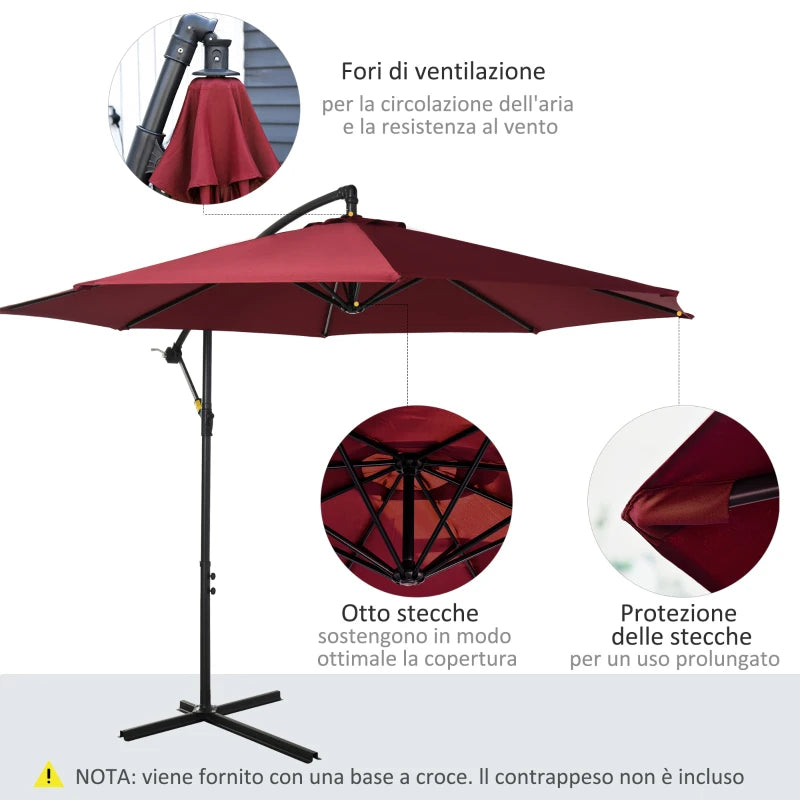 Ombrellone da Esterni 3x2.5 m Decentrato Rosso Scuro, in Poliestere Anti-UV e Acciaio con Manovella 84D-037WR