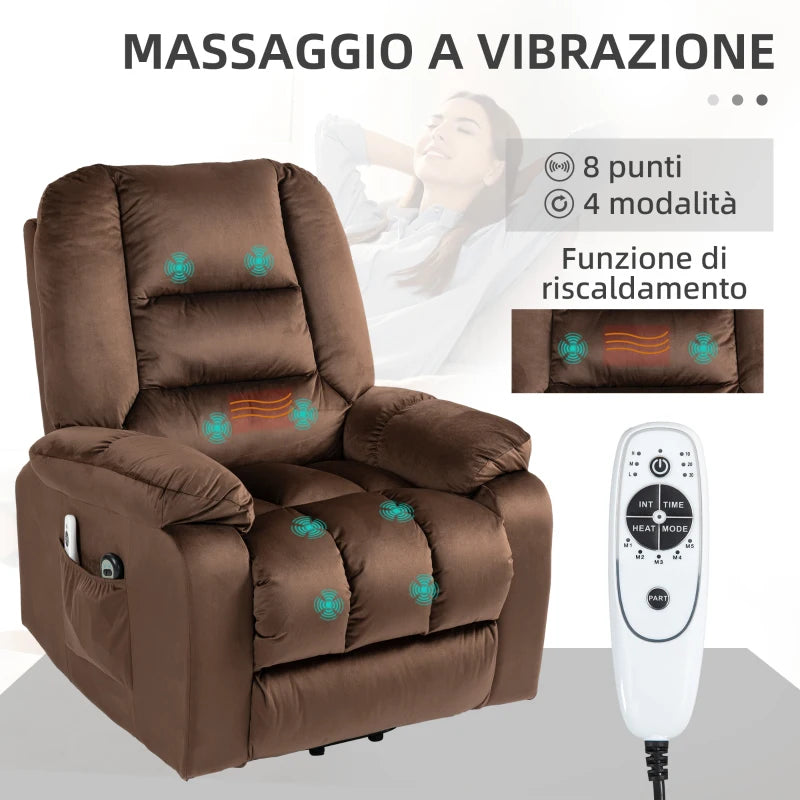 Poltrona Relax Alzapersona Reclinabile, Massaggiante e Riscaldata in Velluto, Marrone WS9713-160V90DRWS9