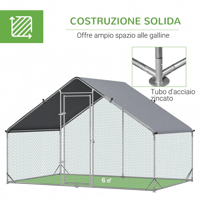 Pollaio da Giardino con Telaio Zincato, Copertura Impermeabile e Rete Esagonale, 3x2x2m, Argento UJ5D51-277UJ5