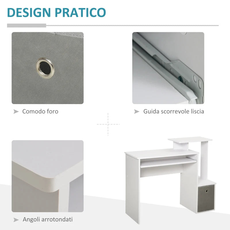 Scrivania Moderna per PC con Mensola Porta Tastiera, Ripiano e Cassetto in Tessuto, in Legno, 100x40x86.6cm, Bianco QE2836-263QE2