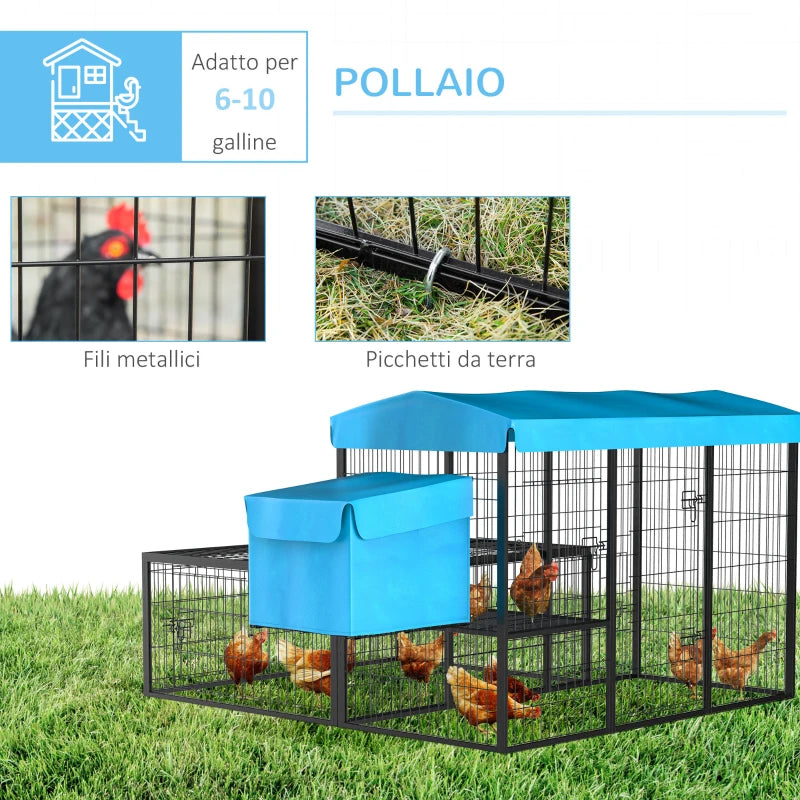 Pollaio da Giardino Componibile per 6-10 Galline con Gabbie in Metallo e Copertura in Poliestere, Blu MG2D51-250BUMG2