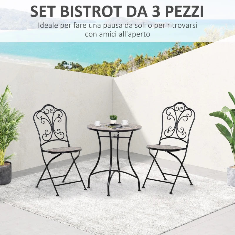 Set Mobili da Giardino 3 Pezzi con 2 Sedie Pieghevoli e Tavolo da Caffè in Ceramica e Metallo, Nero 84B-648