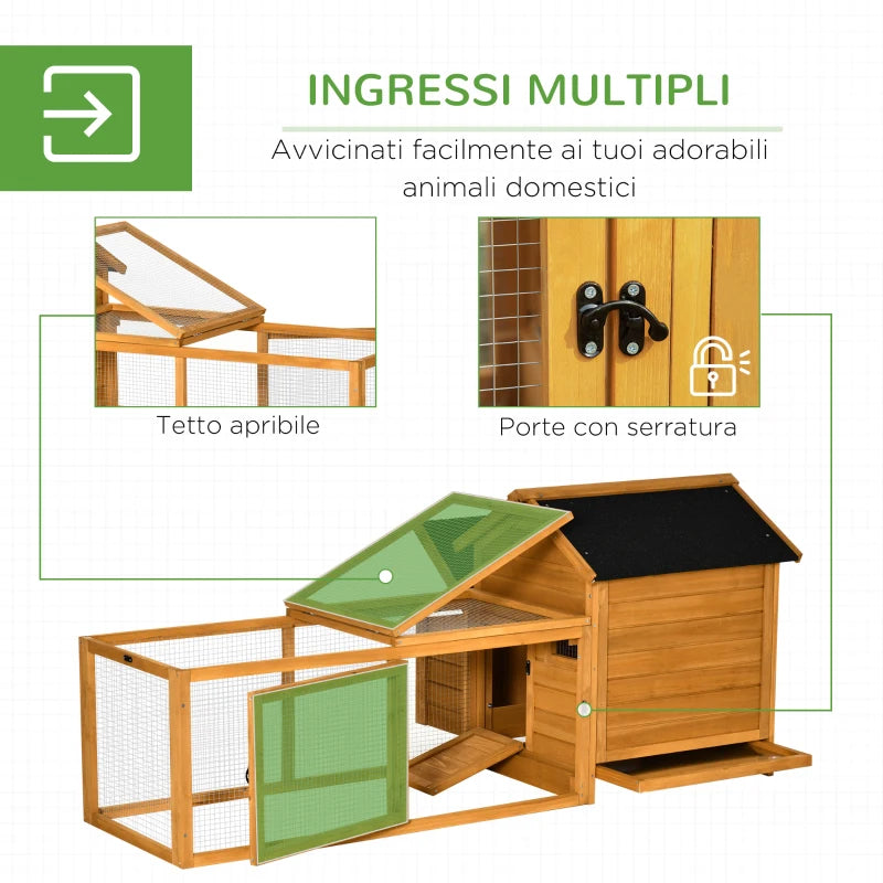 Pollaio per Galline con Casetta, Area di Corsa e di Cova, e Vassoio Estraibile in Legno 180x92x78cm DG7D51-128DG7