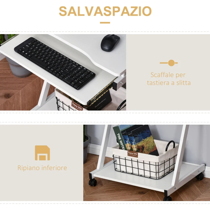 Tavolo Porta PC Classico e Salvaspazio, Piano Tastiera a Scomparsa, 4 Ruote e Ripiano Inferiore Bianco 60x48x73cm QO8836-293WTQO8