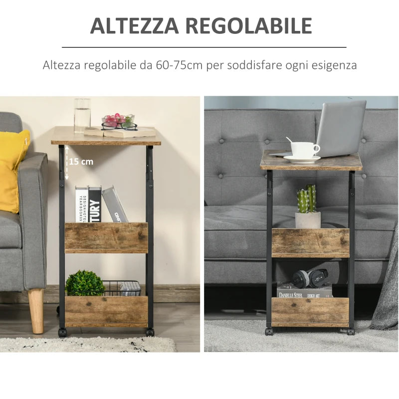 Tavolino da Salotto Stile Industriale, Altezza Regolabile e 4 Ruote con Freno, 80x40x60-75cm LO7839-290LO7