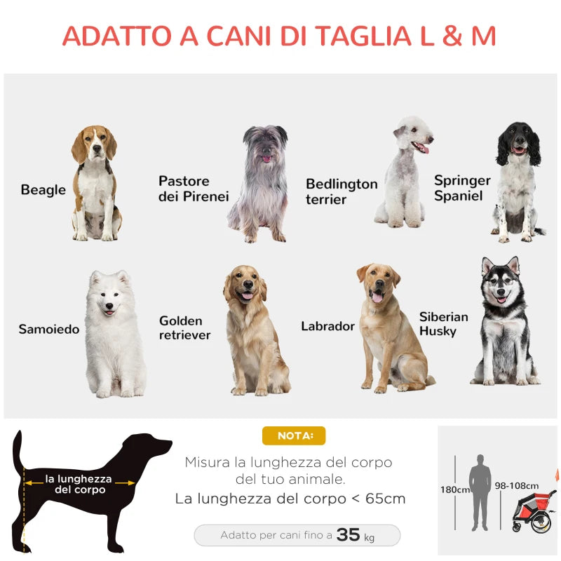 Rimorchio Bici per Cani sotto i 35kg con Porta Anteriore e Posteriore, Finestre a Rete e Tetto Apribile, 150x82x98-108cm YH3D00-142RDYH3