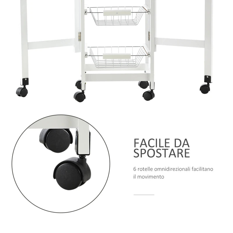 Carrello da Cucina con 3 Cestini, Cassetto e Ribalte, 6 Ruote Girevoli, in MDF e Metallo, 37x37x77.5cm, Bianco e Legno GF2801-125GF2