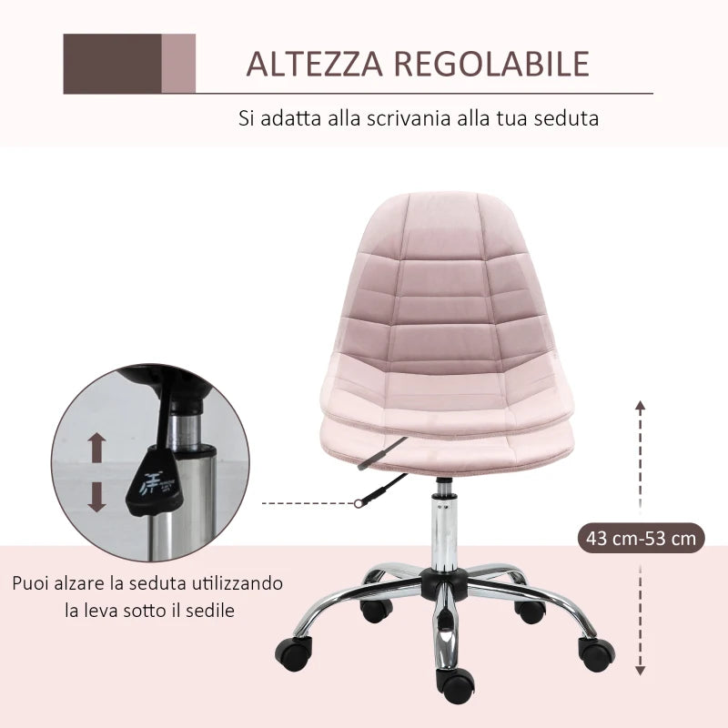 Sedia da Ufficio Girevole , Design Ergonomico e Regolabile Senza Braccioli, Rosa, 59x59x81-91cm BY4921-366PKBY4